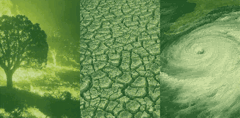 a triptych showing a forest fire, dried soil, and a hurricane stolen from nasa and dithered.